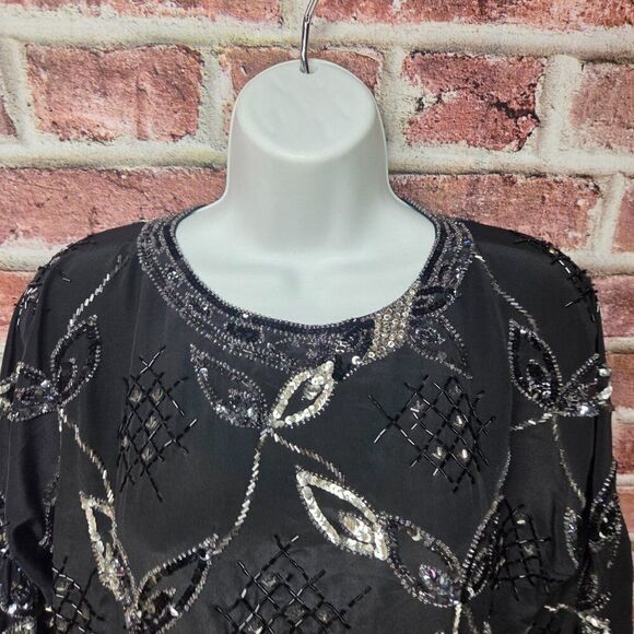 Argenti Silk Beaded Top S | Vintage Black Sequin Scallop Hem Party Eveningwear - Picture 3 of 7